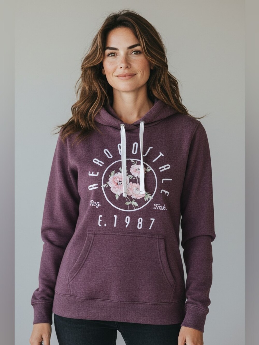 Aeropostale Cotton Blend Women's Plum Pullover Hoodie with Floral Logo